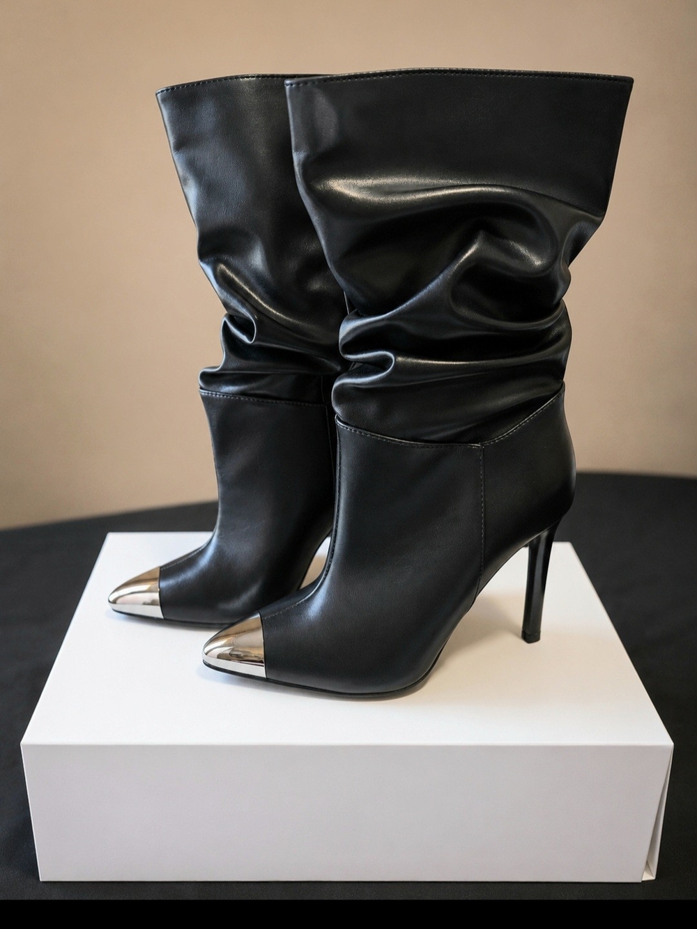 Wild Diva Black Slouchy High-Heel Boots with Silver Cap Toe